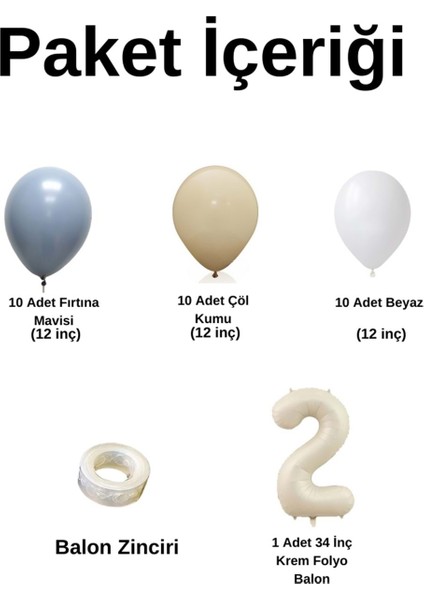 Mini Zincir Balon Seti Fırtına Mavisi-Çöl Kumu-Beyaz+2 34 inç Krem Folyo Balon 30 Adet +Balon Şeridi fiyatları