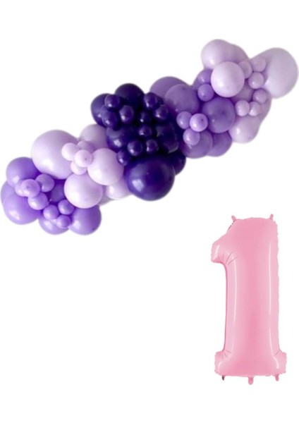 Mini Zincir Balon Seti Lila-MakaronLila-Mor+1 34 inç Açık Pembe Folyo Balon 30 Adet +Balon Şeridi