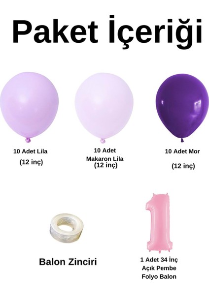 Mini Zincir Balon Seti Lila-MakaronLila-Mor+1 34 inç Açık Pembe Folyo Balon 30 Adet +Balon Şeridi fiyatları