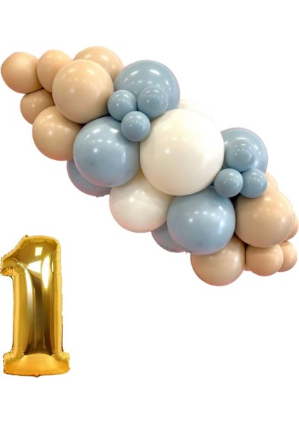 Mini Zincir Balon Seti Fırtına Mavisi-Çöl Kumu-Beyaz+1 40 inç Gold Folyo Balon 30 Adet +Balon Şeridi