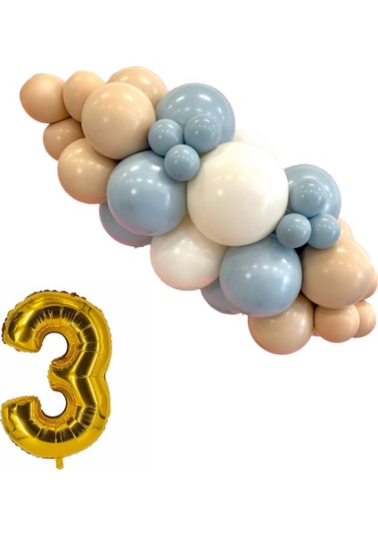 Mini Zincir Balon Seti Fırtına Mavisi-Çöl Kumu-Beyaz+3 34 inç Gold Folyo Balon 30 Adet +Balon Şeridi