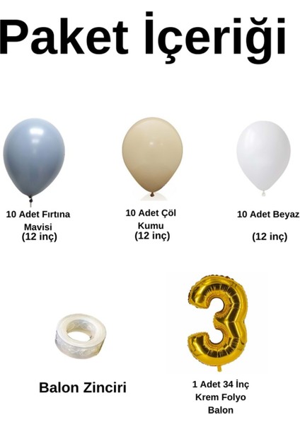 Mini Zincir Balon Seti Fırtına Mavisi-Çöl Kumu-Beyaz+3 34 inç Gold Folyo Balon 30 Adet +Balon Şeridi fiyatları
