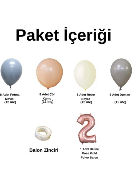 2 Yaş Doğum Günü Seti Fırtına Mavisi-DumanGri-Çöl Kumu-Retro Beyaz 30 lu (Rose Gold)