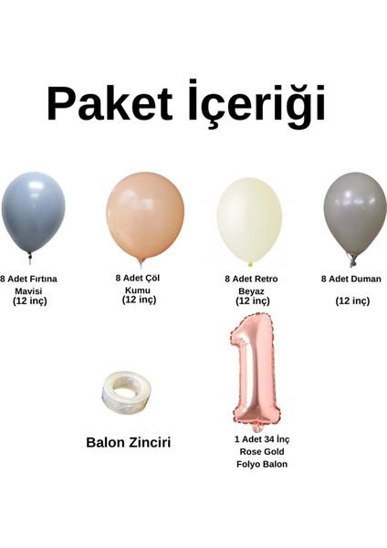 MiniZincirBalonSeti FırtınaMavisi-Duman-ÇölKumu-R.Beyaz+1 34inç RoseFolyoBalon 30Adet+BalonŞerid fiyatları