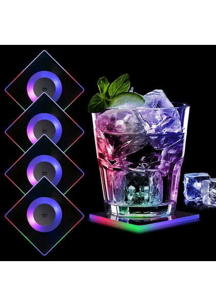Renkli LED Bardak Altlıkları, Akrilik Kare Su Geçirmez Işık Bardak Altlıkları 4 Adet (Yurt Dışından)