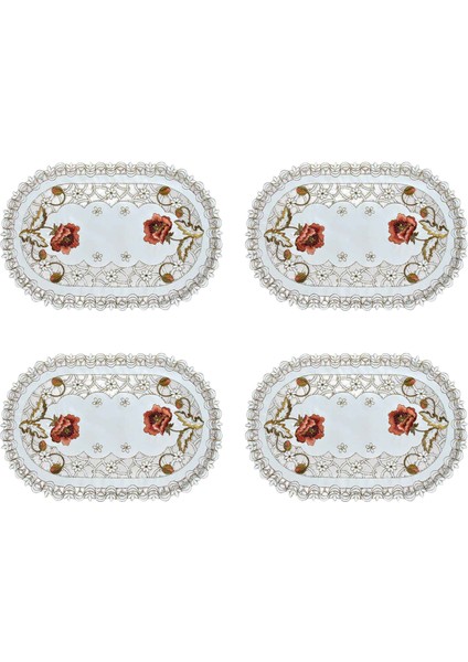 4'lü Oval Çiçekli Servis Altlığı Beyaz Vintage Işlemeli Dantel Seti (Yurt Dışından)