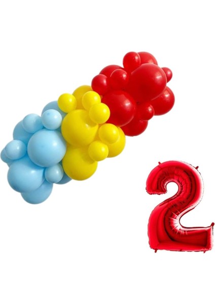 Mini Zincir Balon Seti Sarı-Açık Mavi-Kırmızı+2 40 inç Kırmızı Folyo Balon 30 Adet +Balon Şeridi