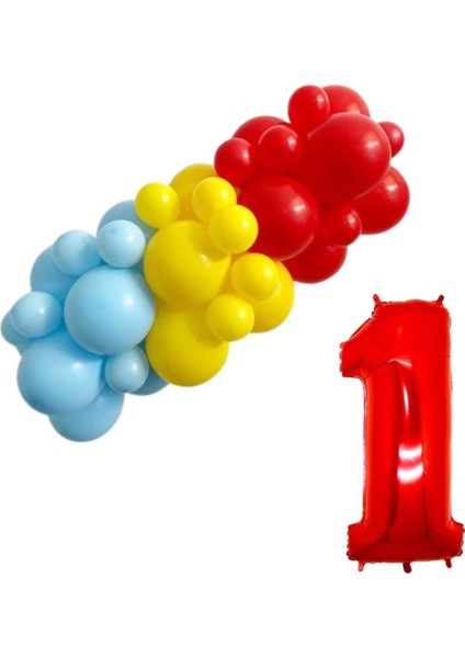Mini Zincir Balon Seti Sarı-Açık Mavi-Kırmızı+1 40 inç Kırmızı Folyo Balon 30 Adet +Balon Şeridi