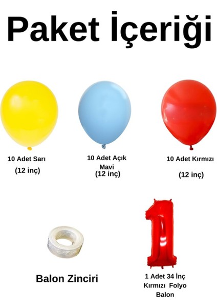 Mini Zincir Balon Seti Sarı-Açık Mavi-Kırmızı+1 40 inç Kırmızı Folyo Balon 30 Adet +Balon Şeridi fiyatları