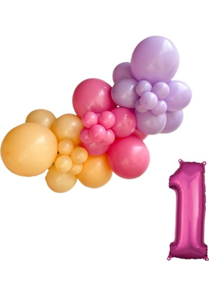 Mini Zincir Balon Seti Şeftali-Fuşya-Makaron Lila+1 34 inç Pembe Folyo Balon 30 Adet +Balon Şeridi