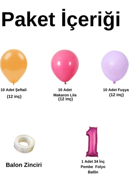 Mini Zincir Balon Seti Şeftali-Fuşya-Makaron Lila+1 34 inç Pembe Folyo Balon 30 Adet +Balon Şeridi fiyatları