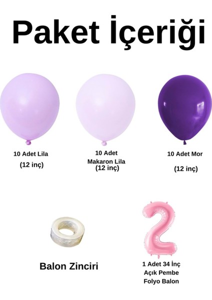 Mini Zincir Balon Seti Lila-MakaronLila-Mor+2 34 inç Açık Pembe Folyo Balon 30 Adet +Balon Şeridi