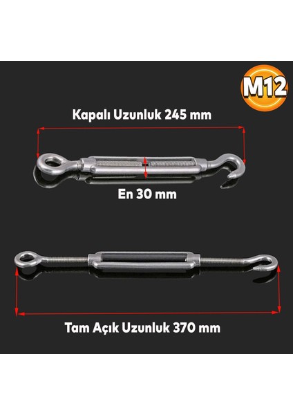 Çelik Kanca M12 Yük Halat Gerdirme Galvanizli Paslanmaz Çektirme Yük Gergi Demiri 5 Adet