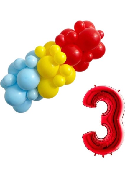 Mini Zincir Balon Seti Sarı-Açık Mavi-Kırmızı+3 40 inç Kırmızı Folyo Balon 30 Adet +Balon Şeridi