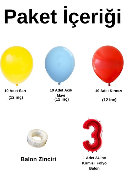Mini Zincir Balon Seti Sarı-Açık Mavi-Kırmızı+3 40 inç Kırmızı Folyo Balon 30 Adet +Balon Şeridi fiyatları