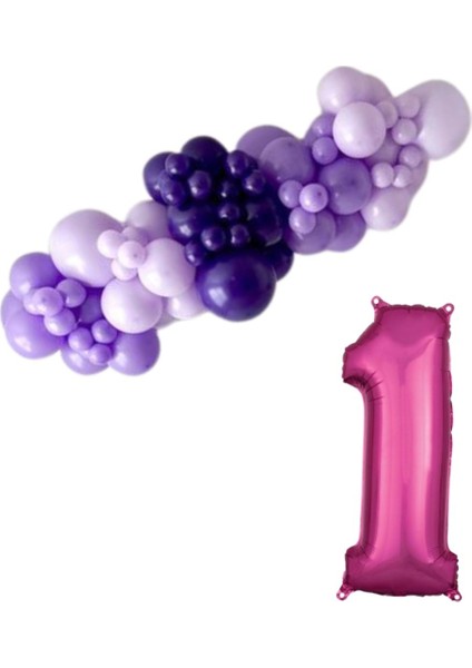 Mini Zincir Balon Seti Lila-MakaronLila-Mor+1 34 inç Pembe Folyo Balon 30 Adet +Balon Şeridi