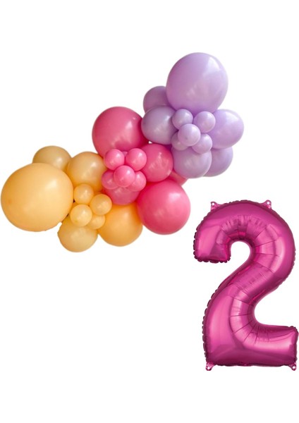 Mini Zincir Balon Seti Şeftali-Fuşya-Makaron Lila+2 34 inç Pembe Folyo Balon 30 Adet +Balon Şeridi