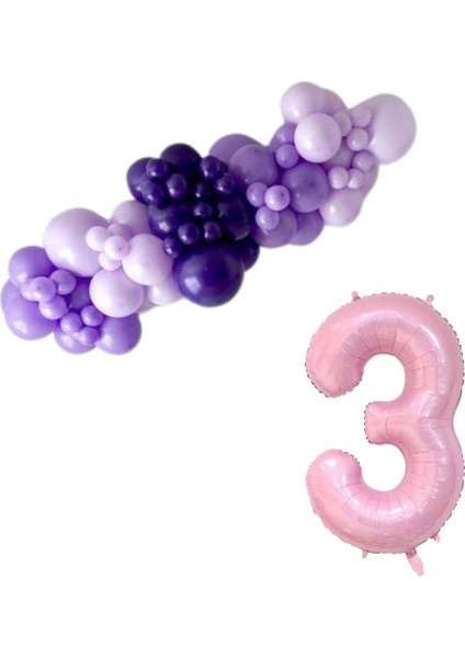 Mini Zincir Balon Seti Lila-MakaronLila-Mor+3 34 inç Açık Pembe Folyo Balon 30 Adet +Balon Şeridi