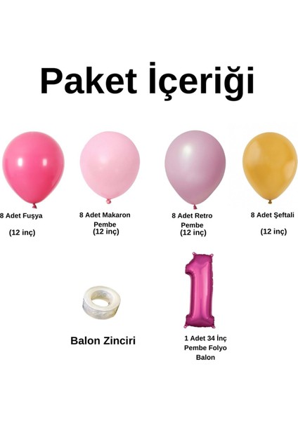 MiniZincirBalonSeti Fuşya-M.Pembe-R.Pembe-Şeftali+1 34inç PembeFolyoBalon 30Adet+BalonŞerid fiyatları