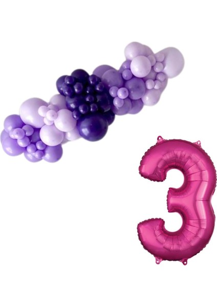 Mini Zincir Balon Seti Lila-MakaronLila-Mor+3 34 inç Pembe Folyo Balon 30 Adet +Balon Şeridi