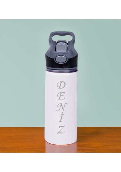 Kişiye Özel Isimli Siyah Şerit Pipetli Metal Su Matarası 650ML, Isimli Matara, Arkadaşa Hediye