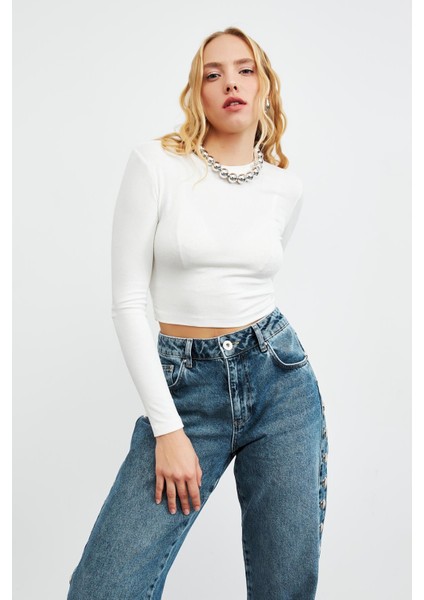 Bisiklet Yaka Crop Ekru Kadın Bluz
