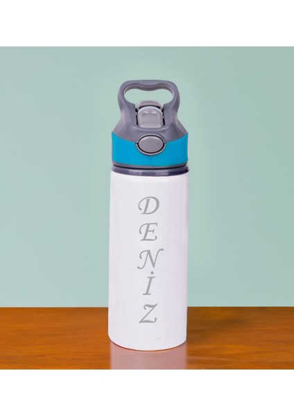 Kişiye Özel Isimli Mavi Şerit Pipetli Metal Su Matarası 650ML, Isimli Matara, Arkadaşa Hediye