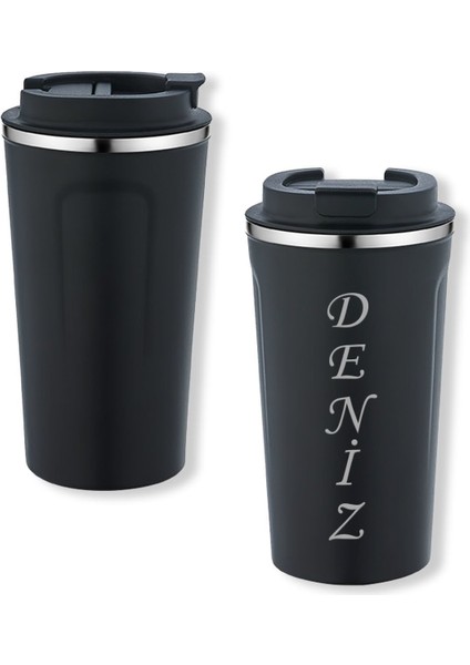 Kişiye Özel Isimli 5334 Siyah Paslanmaz Çelik Termos Mug 450ML, Vakumlu Termos Bardak