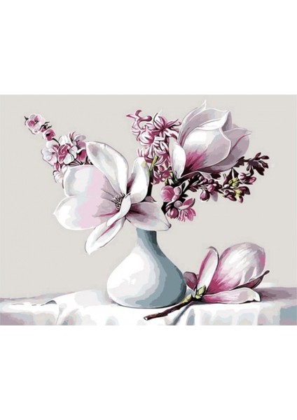 Canvas Beyaz Manolya Sayılarla Boyama Seti Kasnaklı