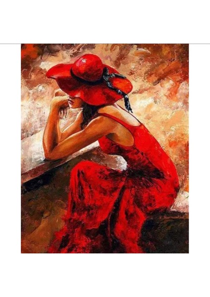 Canvas Kırmızı Düsünce Sayılarla Boyama Seti Kasnaklı