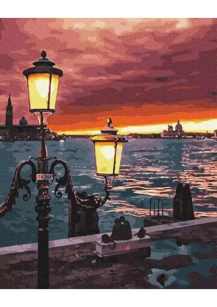 Canvas Kordonda Günbatımı Sayılarla Boyama Seti Kasnaklı