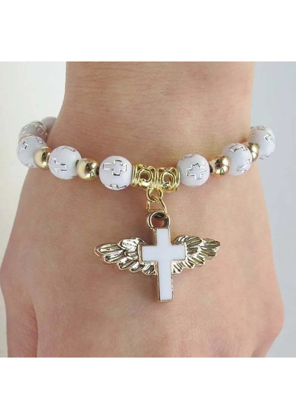 B0487WH Kadınlar Için El Yapımı Beyaz Kırmızı Mavi Akrilik Boncuk Bilezik Isa Mesih Çapraz Namaz Bilezik Melek Kanadı Vaftiz Chaplet Bilezik (Yurt Dışından) fiyatları