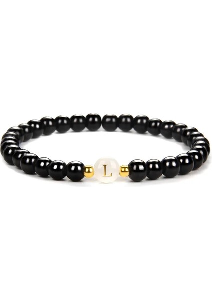 21CM Tarzı L Beden 26 Harfli Bilezikler Siyah Oniks Agat Boncuk Bileklik Çiftler Elastik Takı Severler Hediye Isim Charm Bilezik Kadın Erkek Браслет (Yurt Dışından)