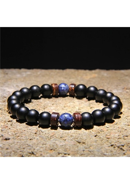 17CM Tarzı Tip 7 Doğal Taş Balck Onyx Lava Boncuk Bilezik Ahşap Boncuk Accessries Lapis Lazuli Gem Stone Charm Bilezik Kadın Erkek Takı Için (Yurt Dışından)