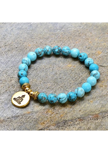 Buda 8mm Doğal Turkuaz Boncuklu Bilezik Charm Buda, Lotus, Om Yoga Çakralar Kadınlar Için Bilezik Meditasyon Takı (Yurt Dışından)