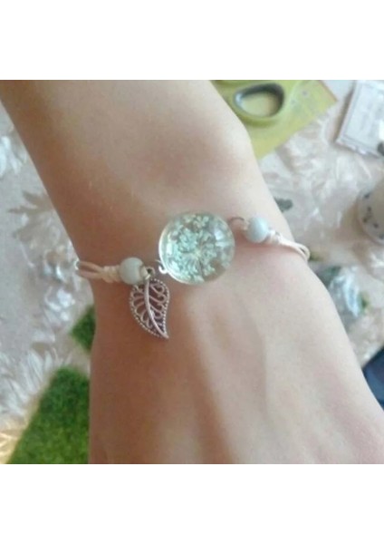 Pembe Şeftali Kadın Boho Bilezikler Cam Top Gerçek Kuru Şeftali Çiçek Karahindiba Bilezik Basit Bitki Örneği Takı Ayarlanabilir Bilezik Hediyeler (Yurt Dışından)