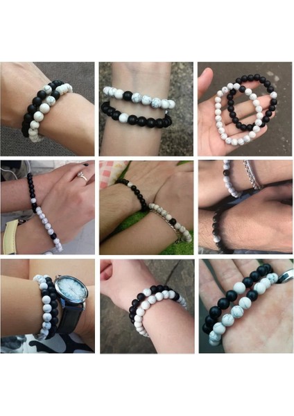 No.18 Beden Çiftler Mesafe Bilezikler Set Beyaz Turkuaz Doğal Lava Taş Kaplan Gözü Boncuklu Yoga Bilezikler Erkekler Kadınlar Için Elastik Takı (Yurt Dışından) fiyatları