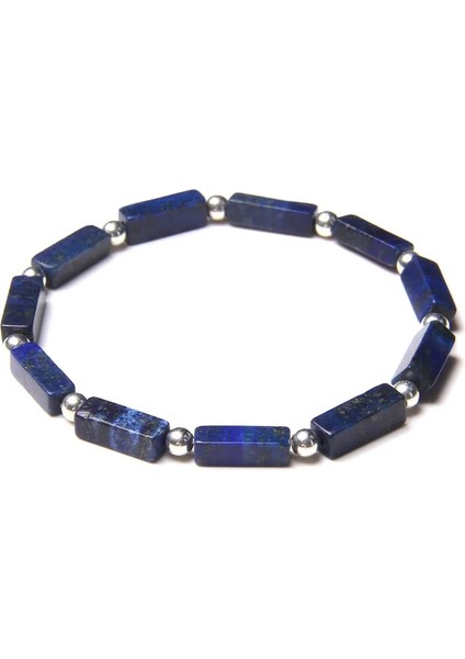 21CM Tarzı Lapis Lazuli Kare Tüp Doğal Mavi Lapis Lazuli Taş Boncuk Bilezik Minik Yuvarlak Gümüş Renk Top Charm Bilezik Kadın Erkek Enerji Takı (Yurt Dışından)