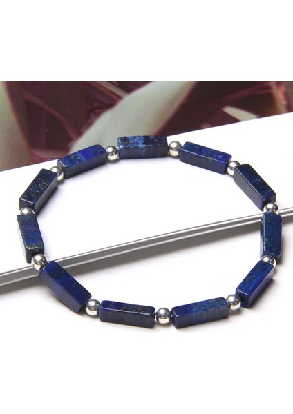 21CM Tarzı Lapis Lazuli Kare Tüp Doğal Mavi Lapis Lazuli Taş Boncuk Bilezik Minik Yuvarlak Gümüş Renk Top Charm Bilezik Kadın Erkek Enerji Takı (Yurt Dışından)
