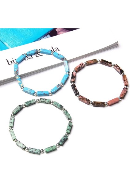 21CM Tarzı Lapis Lazuli Kare Tüp Doğal Mavi Lapis Lazuli Taş Boncuk Bilezik Minik Yuvarlak Gümüş Renk Top Charm Bilezik Kadın Erkek Enerji Takı (Yurt Dışından)