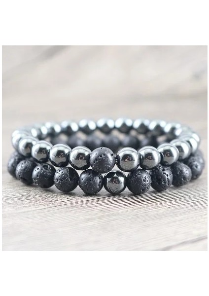 19-20CM Tarzı Rodyum Kaplama Hematit Kaya Lav Taşları Bilezikler 8 mm Boncuklu Esnek Çiftler Yoga Takı (Yurt Dışından)
