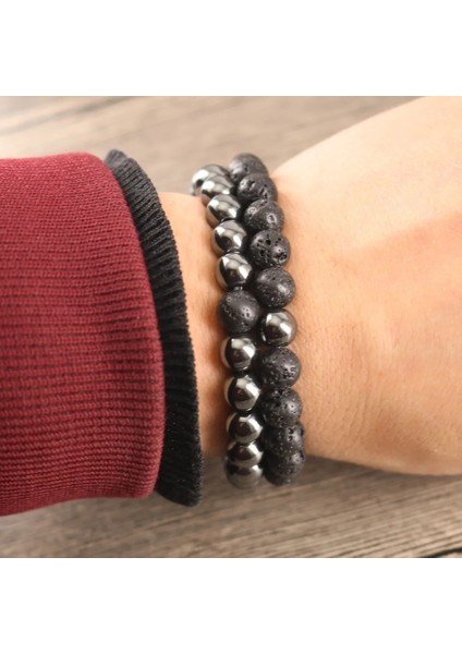 19-20CM Tarzı Rodyum Kaplama Hematit Kaya Lav Taşları Bilezikler 8 mm Boncuklu Esnek Çiftler Yoga Takı (Yurt Dışından) modelleri