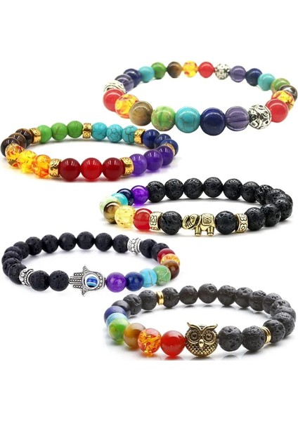 B0891 Lava Taş Bilezikler Kadın Erkek Çakra Bilezikler Hint Yoga Takı Şanslı Fil Fatima El Charm Boncuk Strand Braclets (Yurt Dışından) fırsatları
