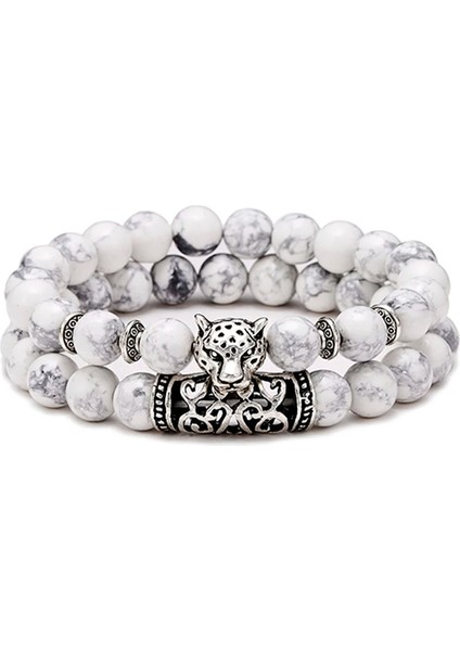 Beyaz 2 Adet Erkek Bilezik Seti Doğal Lava Taş Braslet Antik Leopar Hayvan Braclet Kaplan Boncuk Brazalete Mesafe Çift Bilezikler (Yurt Dışından)