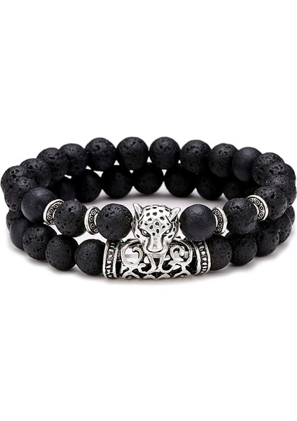 Beyaz 2 Adet Erkek Bilezik Seti Doğal Lava Taş Braslet Antik Leopar Hayvan Braclet Kaplan Boncuk Brazalete Mesafe Çift Bilezikler (Yurt Dışından) modelleri