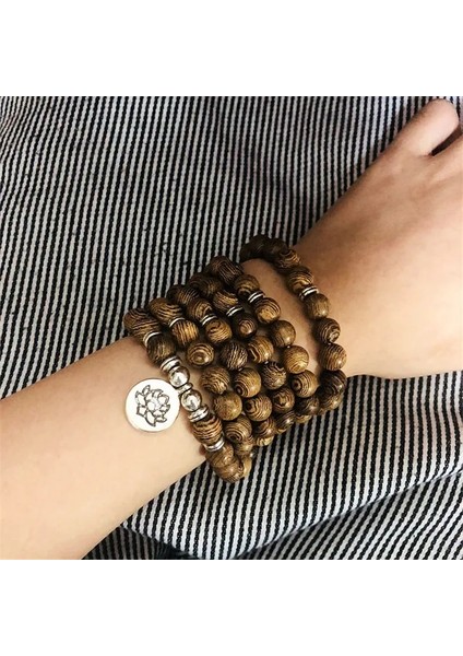Kahverengi Tespih 108 Boncuk Bilezik Doğal Sandal Ağacı Budist Buda Ahşap Namaz Boncuklu Düğüm Unisex Kadın Erkek Lotus Bilezikler Kolye (Yurt Dışından) modelleri