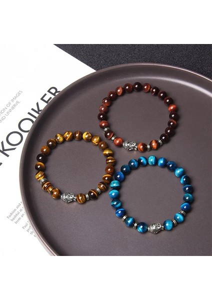 17CM Tarzı Yeşil 2 8 mm Kraliyet Mavi Kaplan Gözü Bilezik Erkekler Gümüş Renk Buda Başkanı Charm Bilezik Kadın Muska Vinatge Sarı Taş Boncuk Pulsera (Yurt Dışından)