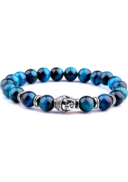 17CM Tarzı Kraliyet Mavi Kaplan-2 8 mm Kraliyet Mavi Kaplan Gözü Bilezik Erkekler Gümüş Renk Buda Başkanı Charm Bilezik Kadın Muska Vinatge Sarı Taş Boncuk Pulsera (Yurt Dışından)