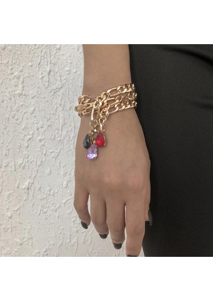BAS-0021-2 Lxy-W Boho Moda Altın Basit Punk Kalın Zincir Şeffaf Kristal Damla Kolye Bilezik Kadınlar Için Vintage Festivali Kızın Hediye (Yurt Dışından) fiyatları