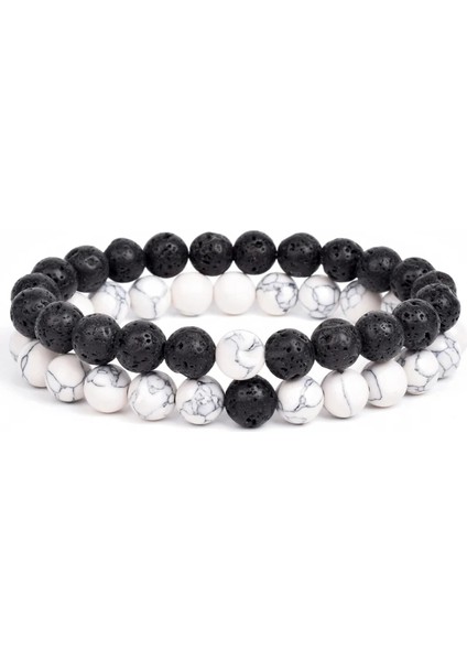 8mm Tarzı No.2 Boyutu Et Bilezik Çiftler Mesafe Siyah Beyaz Doğal Taş Lav Kaplan Gözü Boncuklu Yoga Erkekler Kadınlar Için Elastik Halat Takı Hediye (Yurt Dışından)